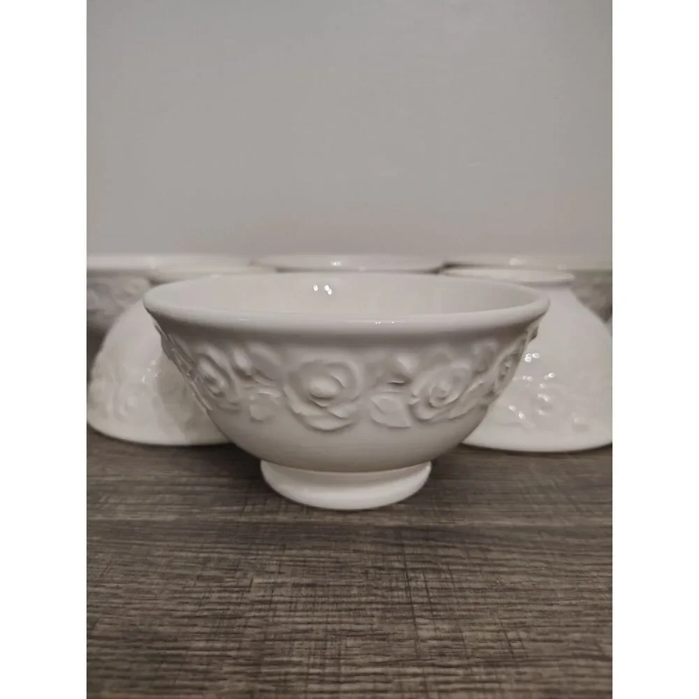 6 Quadrifoglio Ceramica White Rose Embossed Salad Bowls Italy Vintage Style